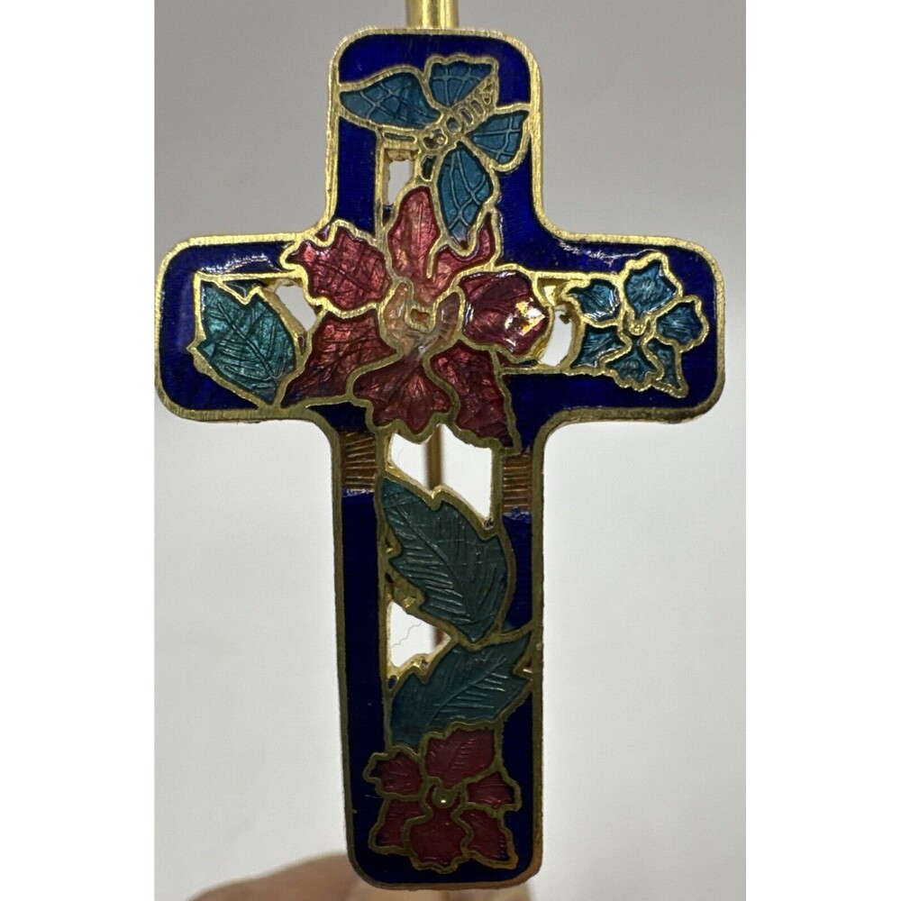 Vintage Cloisonné Cross Bookmark Christian Catholic Goldtone Floral Blue Red